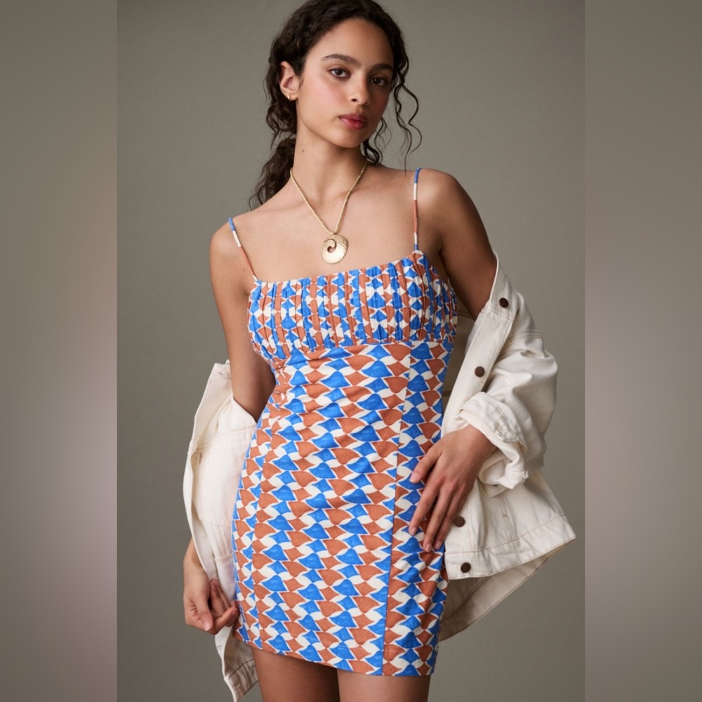NWT Anthropologie Ophelia Retro Orange Blue Linen Mini | Size 6 70s Geometric